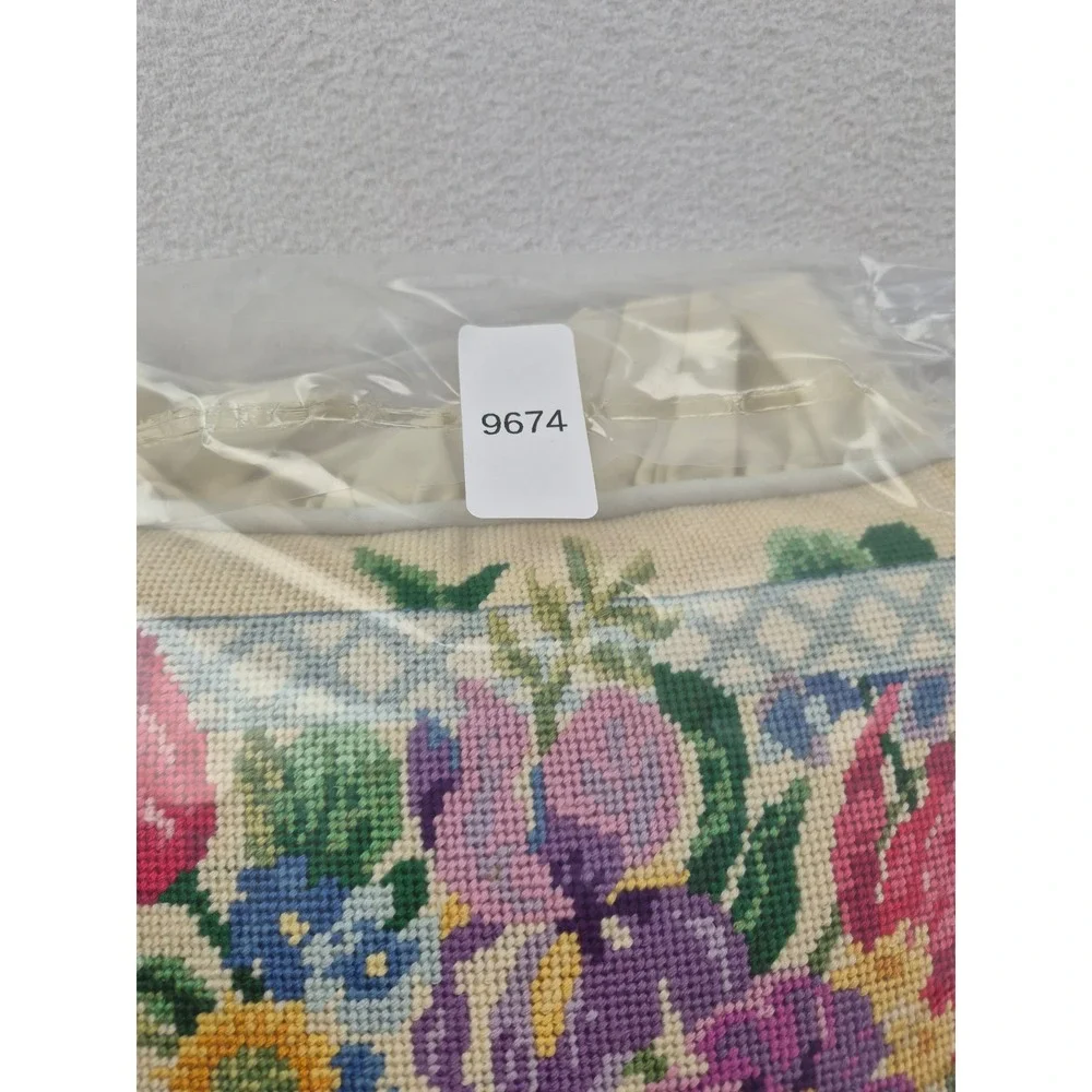 Vintage Floral Needlepoint Throw Pillow Cream Ruffled Edge Cottagecore 11x11